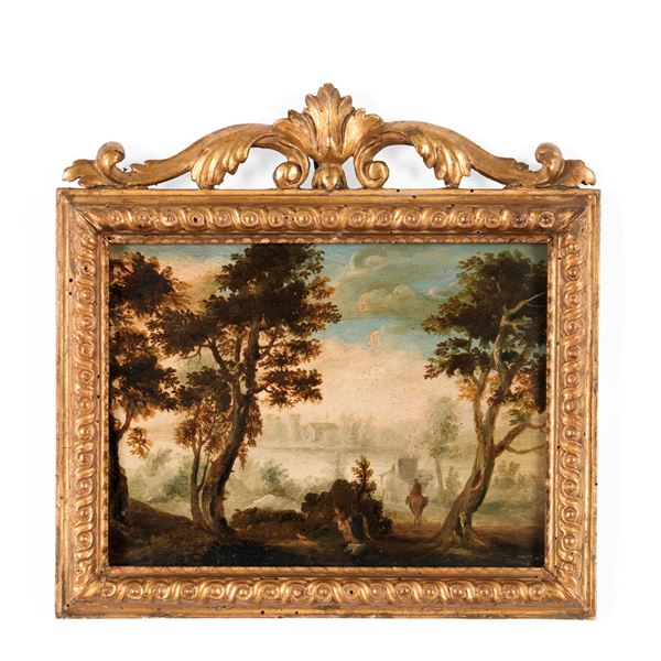 Scuola del XVIII secolo Paesaggio fluviale con cavaliere