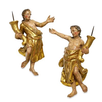 Angeli portacero barocchi italiani del XVII-XVIII secolo, coppia in legno dipinto e dorato