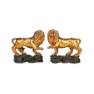 Coppia di leoni, scultura in legno dorato barocca veneta, XVIII secolo