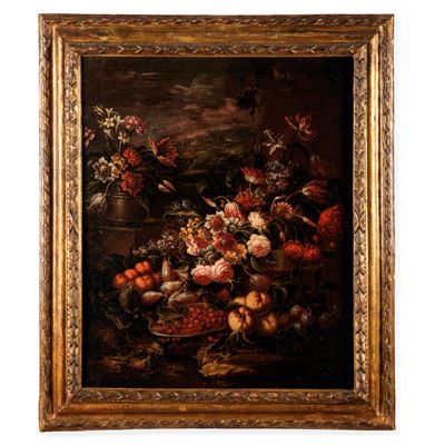 Scuola del XVIII secolo, Natura morta con trionfo di fiori e frutti, olio su tela