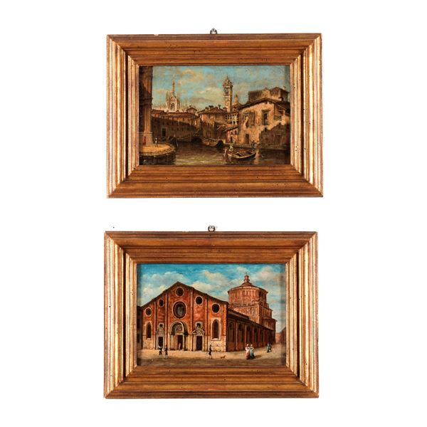 Scuola del XIX secolo Vedute di Milano (Santa Maria delle Grazie e il Laghetto artificiale nei pressi del Duomo)