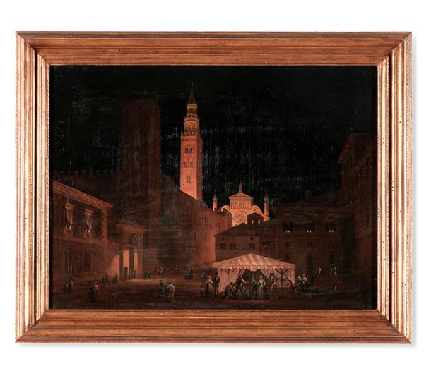 Scuola del XIX secolo Veduta notturna di Cremona