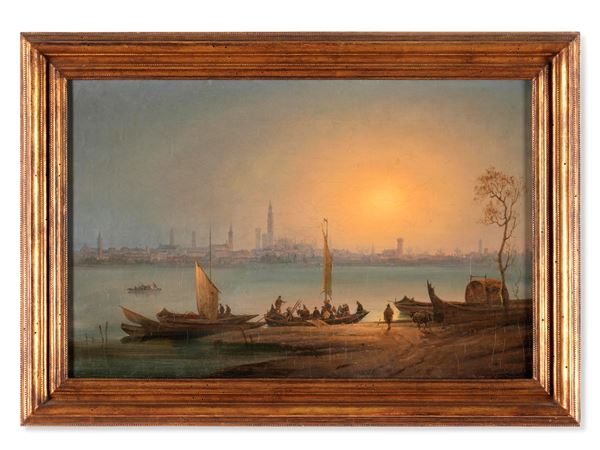 Scuola del XIX secolo Veduta costiera con pescatori e imbarcazioni