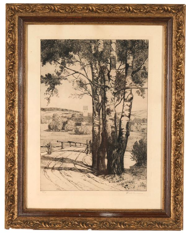 Incisore del XX secolo Paesaggio campestre