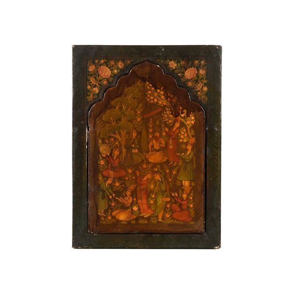 Dipinto su legno islamico raffigurante scena di corte, XIX secolo