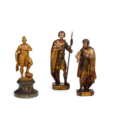 Tre figure di Santi soldati, legno dipinto e dorato (XVII–XVIII secolo)