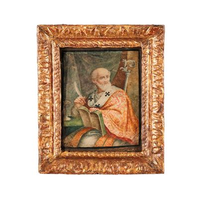 Scuola del XVII secolo, San Nicola nello studio, tempera su pergamena