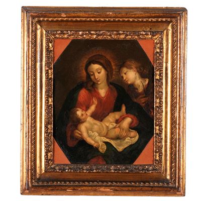 Scuola fiamminga del XVIII secolo, Madonna con Bambino e Santa Caterina, olio su rame ottagonale