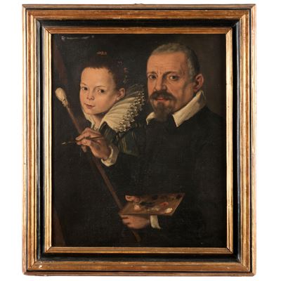 Scuola del XVII secolo, Autoritratto del pittore nel suo studio, olio su tela
