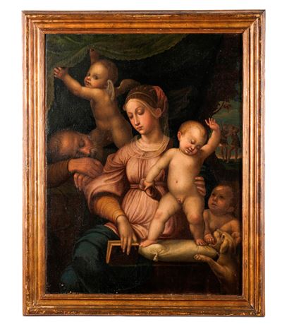Sacra Famiglia con San Giovannino e putti, olio su tela