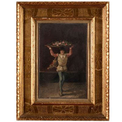 Pittore del XIX secolo, Ragazzo con vaso di fiori, olio su tela
