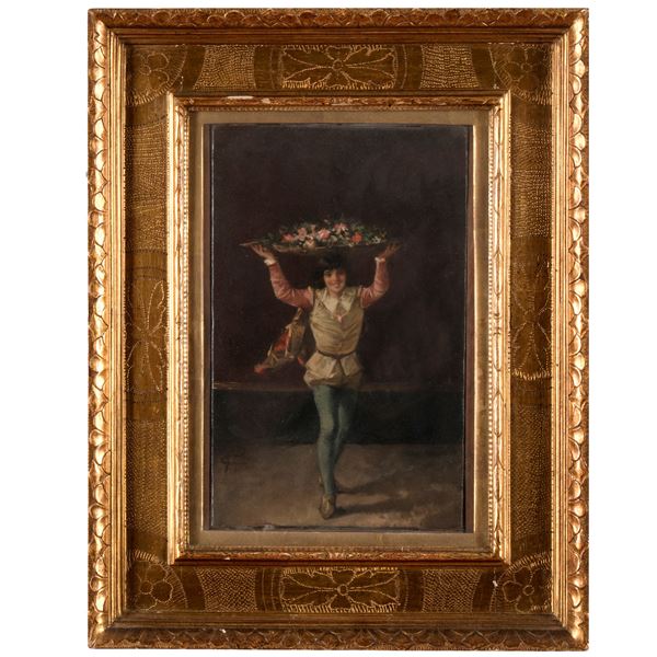 Pittore del XIX secolo Ragazzo con vaso di fiori
