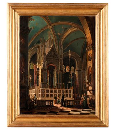 Pittore del XIX secolo, Interno di chiesa, olio su tela