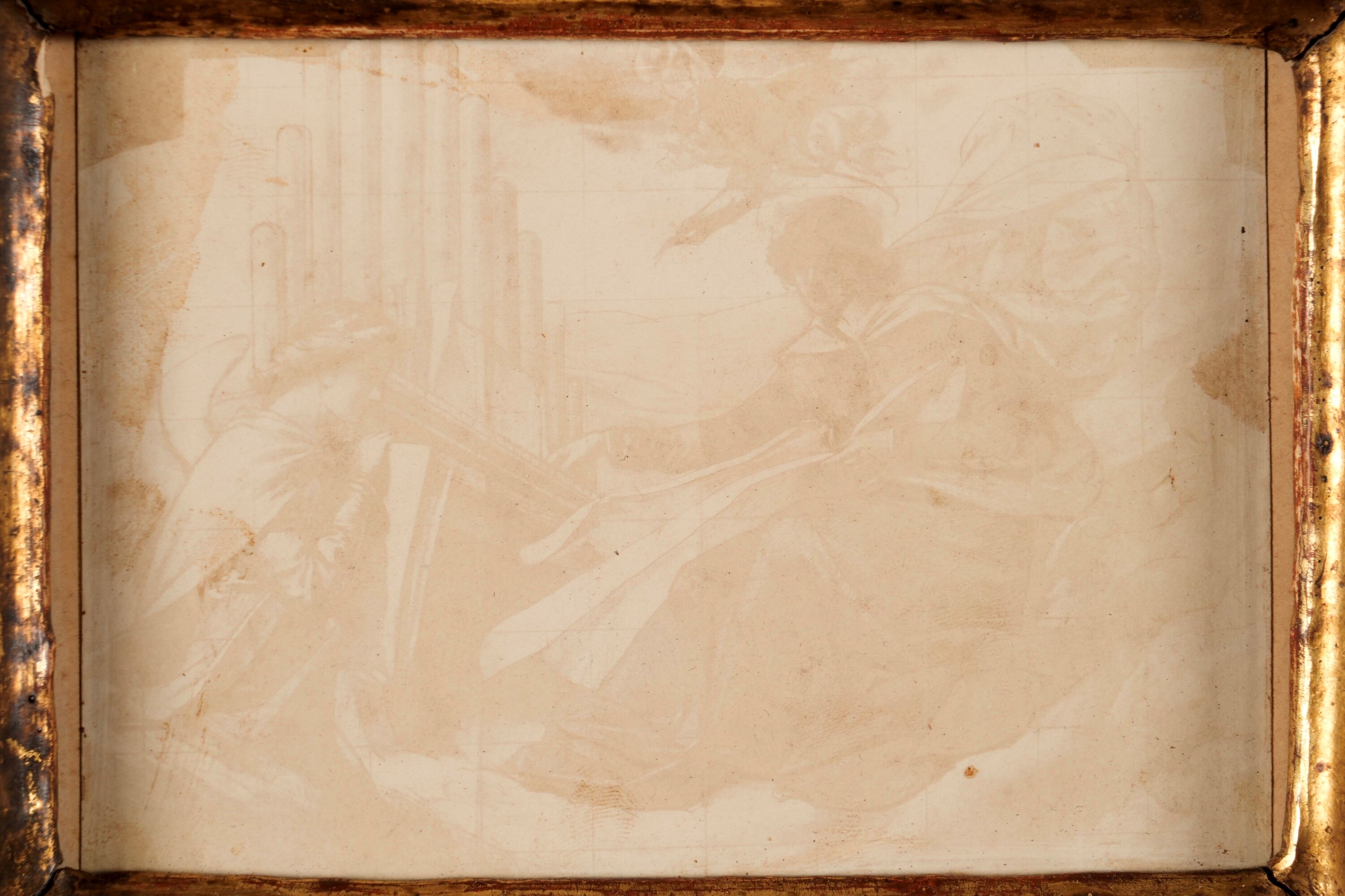 Marche, XVIII secolo, Cornice in legno dipinto a finta tartaruga e dorato con raffigurazione di S...