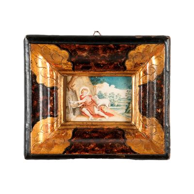 Cornice in legno dipinto a finta tartaruga e dorato, tempera con San Giovannino, Marche, XVIII se...