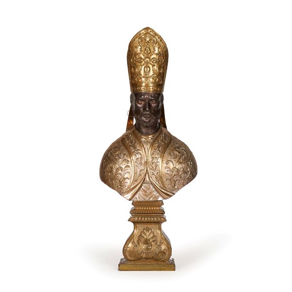 Busto di santo vescovo. Oreficeria barocca italiana del XVIII secolo.