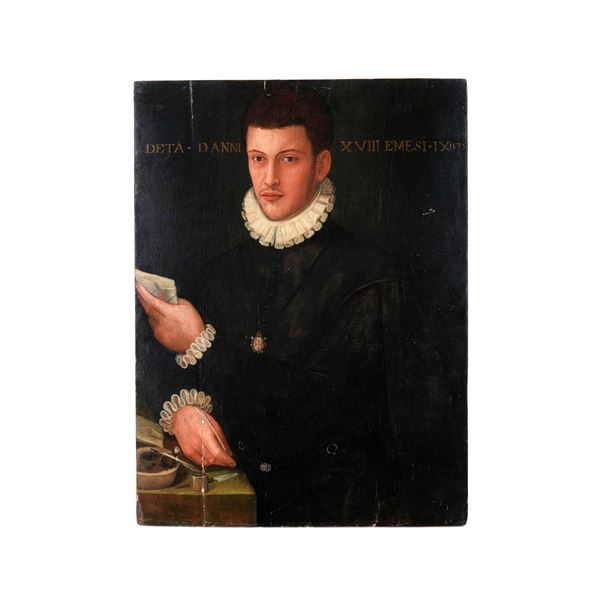 Scuola del XVI-XVII secolo Ritratto di gentiluomo allo scrittoio