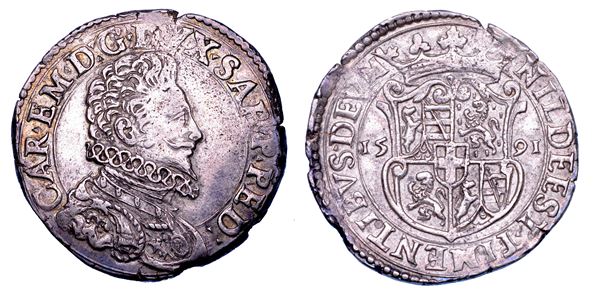DUCATO DI SAVOIA. CARLO EMANUELE I Il Grande, 1580-1630. Mezzo ducatone 1591. I Tipo.