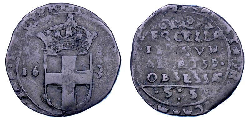 DUCATO DI SAVOIA. FRANCESCO GIACINTO Fior di Paradiso. MONETAZIONE OSSIDIONALE DI VERCELLI. Quarto di lira 1638. Assedio Spagnolo del 1638.  - Auction Numismatics - Cambi Casa d'Aste