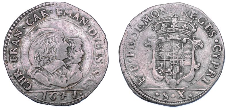 DUCATO DI SAVOIA. CARLO EMANUELE II L'Adriano del Piemonte, 1638-1675. Reggenza della madre CRISTINA DI BORBONE, La Madama Reale. Mezza lira 1641. V tipo.  - Auction Numismatics - Cambi Casa d'Aste