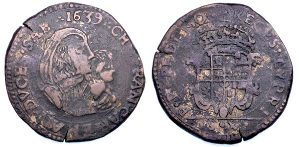 DUCATO DI SAVOIA. CARLO EMANUELE II L'Adriano del Piemonte, 1638-1675. Reggenza della madre CRISTINA DI BORBONE, La Madama Reale. Mezza lira 1639 coniata in rame. I tipo.