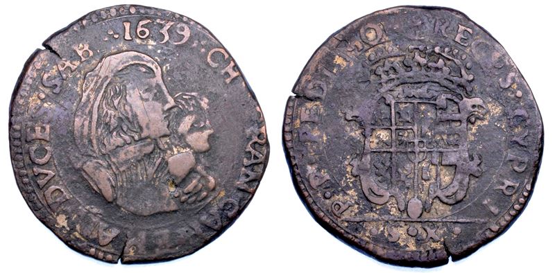 DUCATO DI SAVOIA. CARLO EMANUELE II L'Adriano del Piemonte, 1638-1675. Reggenza della madre CRISTINA DI BORBONE, La Madama Reale. Mezza lira 1639 coniata in rame. I tipo.  - Auction Numismatics - Cambi Casa d'Aste