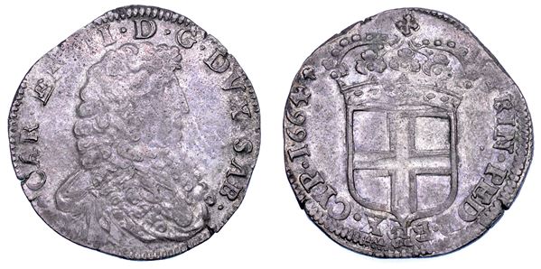 DUCATO DI SAVOIA. CARLO EMANUELE II L'Adriano del Piemonte, 1638-1675. Da 5 soldi 1664. I tipo.