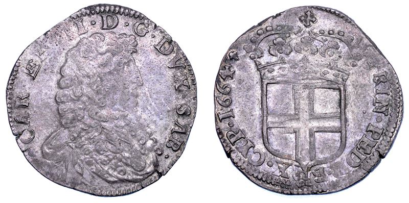 DUCATO DI SAVOIA. CARLO EMANUELE II L'Adriano del Piemonte, 1638-1675. Da 5 soldi 1664. I tipo.  - Asta Numismatica - Cambi Casa d'Aste