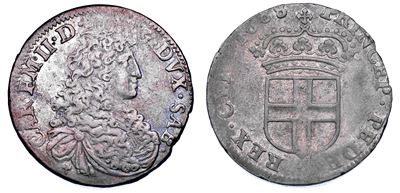 DUCATO DI SAVOIA, Carlo Emanuele II, Da 5 soldi 1668, II tipo