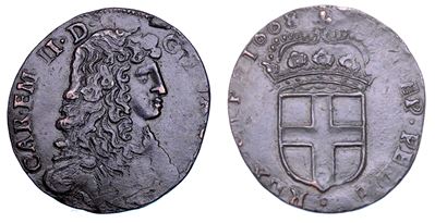 Ducato di Savoia, Carlo Emanuele II, Da 5 soldi, 1668, II tipo, coniato in rame
