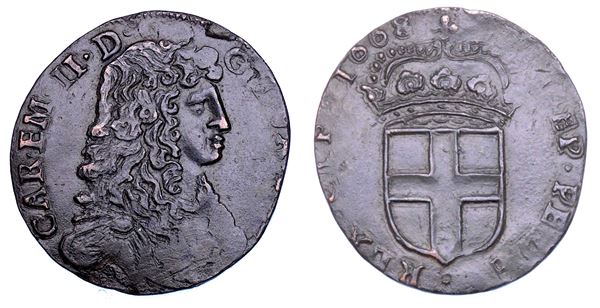 DUCATO DI SAVOIA. CARLO EMANUELE II L'Adriano del Piemonte, 1638-1675. Da 5 soldi 1668. II tipo. Coniato in rame.