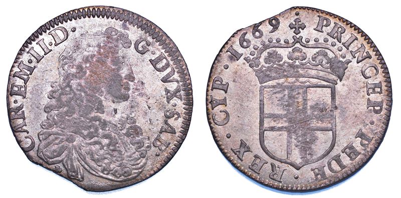 DUCATO DI SAVOIA. CARLO EMANUELE II L'Adriano del Piemonte, 1638-1675. Da 5 soldi 1669. II tipo. Coniato in rame.  - Auction Numismatics - Cambi Casa d'Aste