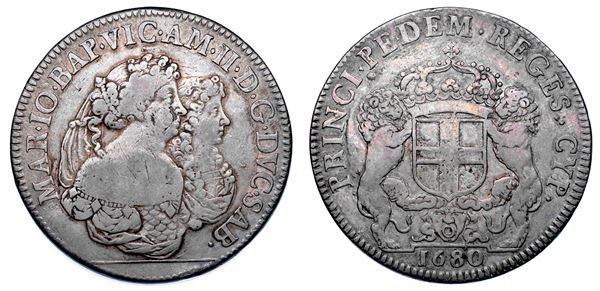 DUCATO DI SAVOIA. VITTORIO AMEDEO II Il primo re sabaudo, 1675-1680. Reggenza della madre MARIA GIOVANNA BATTISTA SAVOIA NEMOURS.   Scudo bianco 1680.