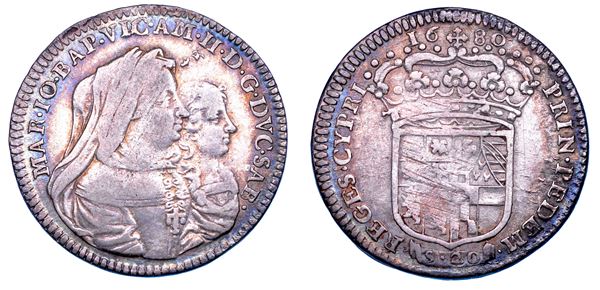 DUCATO DI SAVOIA. VITTORIO AMEDEO II Il primo re sabaudo, 1675-1680. Reggenza della madre MARIA GIOVANNA BATTISTA SAVOIA NEMOURS.   Lira 1680.