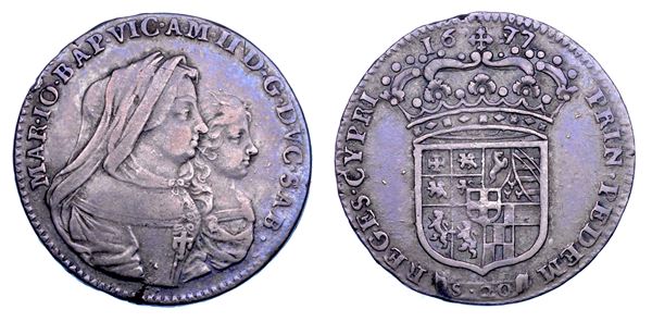 DUCATO DI SAVOIA. VITTORIO AMEDEO II Il primo re sabaudo, 1675-1680. Reggenza della madre MARIA GIOVANNA BATTISTA SAVOIA NEMOURS.   Lira 1677.