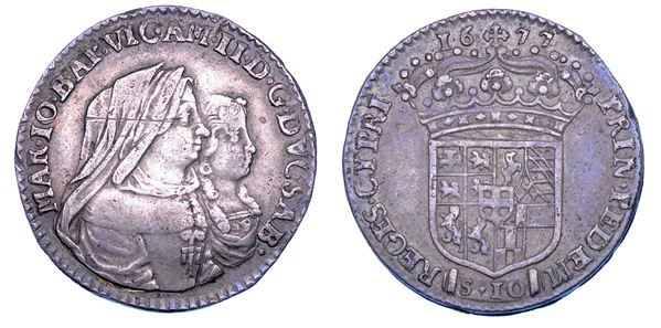 DUCATO DI SAVOIA. VITTORIO AMEDEO II Il primo re sabaudo, 1675-1680. Reggenza della madre MARIA GIOVANNA BATTISTA SAVOIA NEMOURS.   Mezza Lira 1677.