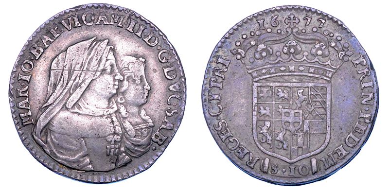 DUCATO DI SAVOIA. VITTORIO AMEDEO II Il primo re sabaudo, 1675-1680. Reggenza della madre MARIA GIOVANNA BATTISTA SAVOIA NEMOURS.   Mezza Lira 1677.  - Asta Numismatica - Cambi Casa d'Aste