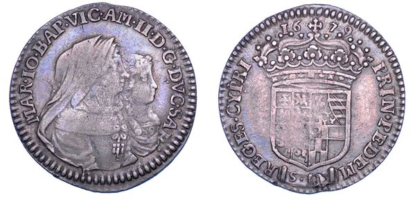 DUCATO DI SAVOIA. VITTORIO AMEDEO II Il primo re sabaudo, 1675-1680. Reggenza della madre MARIA GIOVANNA BATTISTA SAVOIA NEMOURS.   Mezza Lira 1679.