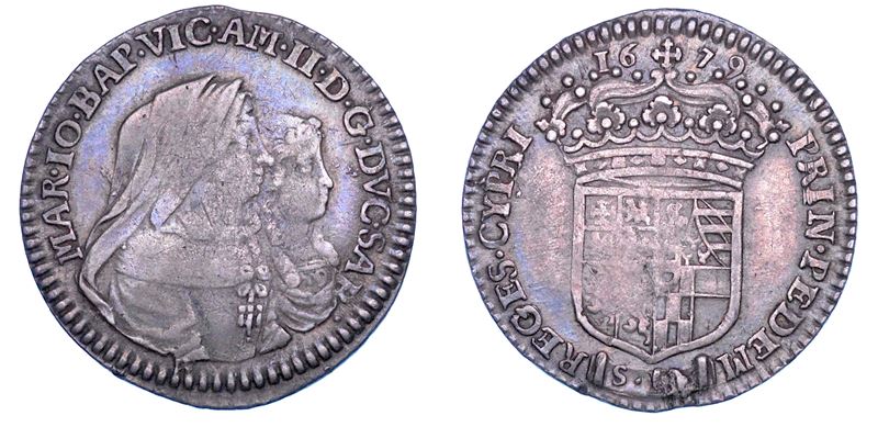 DUCATO DI SAVOIA. VITTORIO AMEDEO II Il primo re sabaudo, 1675-1680. Reggenza della madre MARIA GIOVANNA BATTISTA SAVOIA NEMOURS.   Mezza Lira 1679.  - Asta Numismatica - Cambi Casa d'Aste
