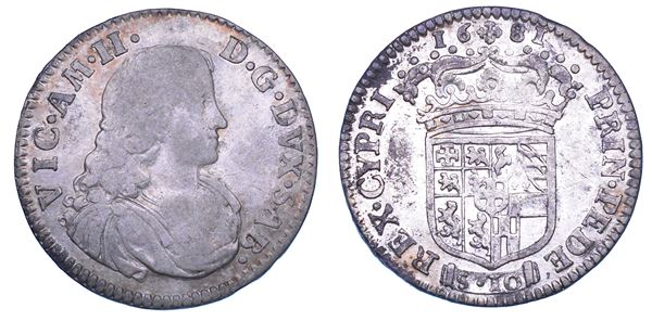 DUCATO DI SAVOIA. VITTORIO AMEDEO II, 1675-1730 (Secondo Periodo: Duca di Savoia, 1680-1713). Mezza Lira 1681. I tipo.