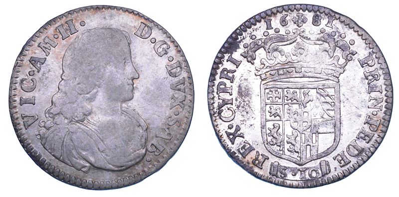 DUCATO DI SAVOIA. VITTORIO AMEDEO II, 1675-1730 (Secondo Periodo: Duca di Savoia, 1680-1713). Mezza Lira 1681. I tipo.  - Auction Numismatics - Cambi Casa d'Aste