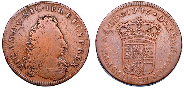 DUCATO DI SAVOIA. VITTORIO AMEDEO II, 1675-1730 (Re di Sicilia, 1713-1718). Prova in rame del 3 Lire 1716.