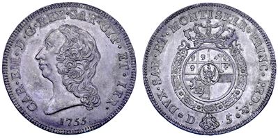 Regno di Sardegna, Carlo Emanuele III di Savoia, Prova in piombo del Carlino da 5 Doppie, 1755