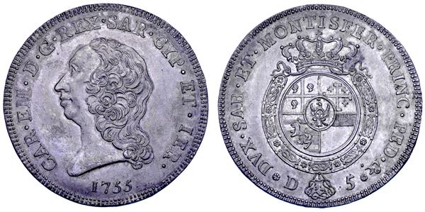 REGNO DI SARDEGNA. CARLO EMANUELE III DI SAVOIA, 1755-1773 (II PERIODO). Prova in piombo del Carlino da 5 Doppie 1755.