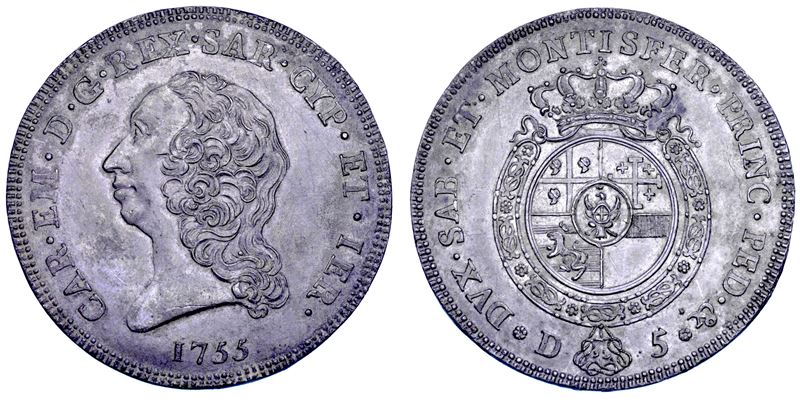 REGNO DI SARDEGNA. CARLO EMANUELE III DI SAVOIA, 1755-1773 (II PERIODO). Prova in piombo del Carlino da 5 Doppie 1755.  - Asta Numismatica - Cambi Casa d'Aste