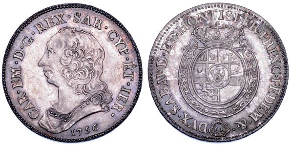 REGNO DI SARDEGNA. CARLO EMANUELE III DI SAVOIA, 1755-1773 (II PERIODO). Mezzo Scudo Nuovo 1756.