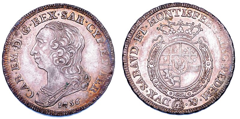 REGNO DI SARDEGNA. CARLO EMANUELE III DI SAVOIA, 1755-1773 (II PERIODO). Quarto di Scudo Nuovo 1756.  - Auction Numismatics - Cambi Casa d'Aste