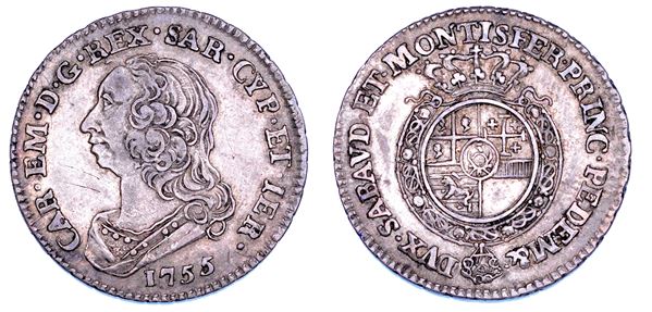 REGNO DI SARDEGNA. CARLO EMANUELE III DI SAVOIA, 1755-1773 (II PERIODO). Ottavo di Scudo Nuovo 1755.