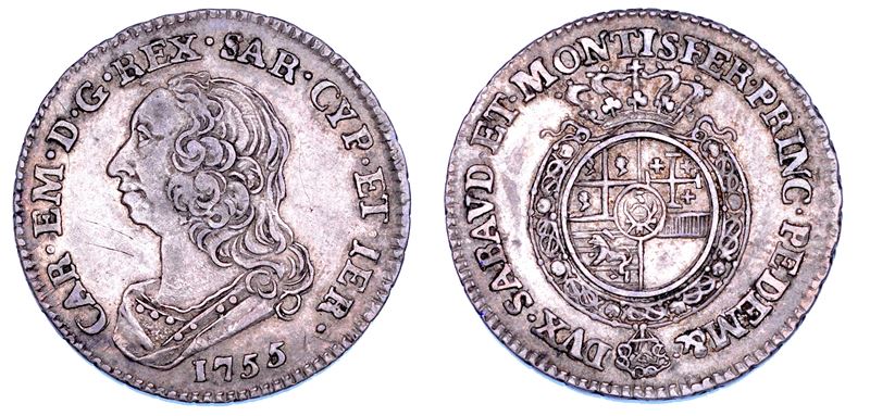 REGNO DI SARDEGNA. CARLO EMANUELE III DI SAVOIA, 1755-1773 (II PERIODO). Ottavo di Scudo Nuovo 1755.  - Auction Numismatics - Cambi Casa d'Aste