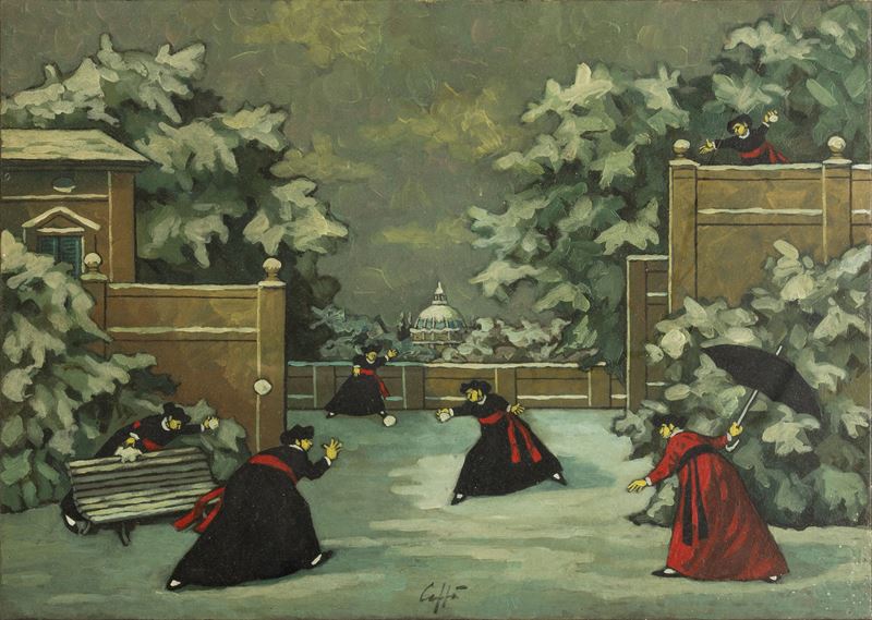 Nino Caffè - Nevicata, olio su tavola, 1965